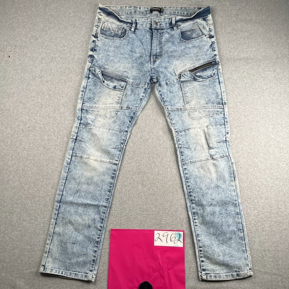 Southpole Skinny Jeans Mens Acid Wash Zip Pocket Distressed Stretch 38x32